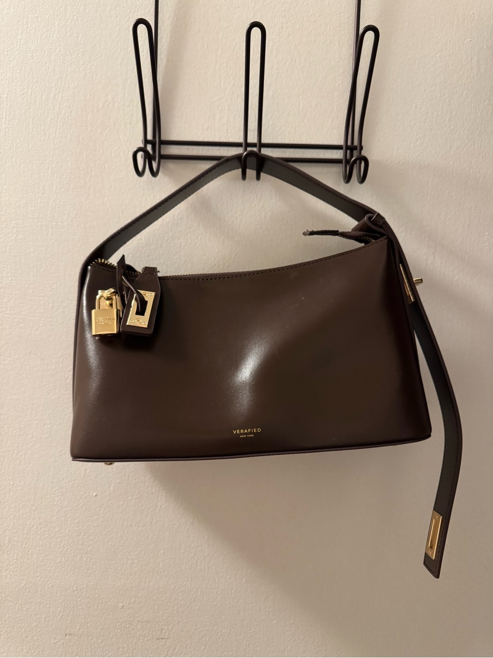 VERA&ROID Dark Brown Leather Shoulder Bag with Gold Accents